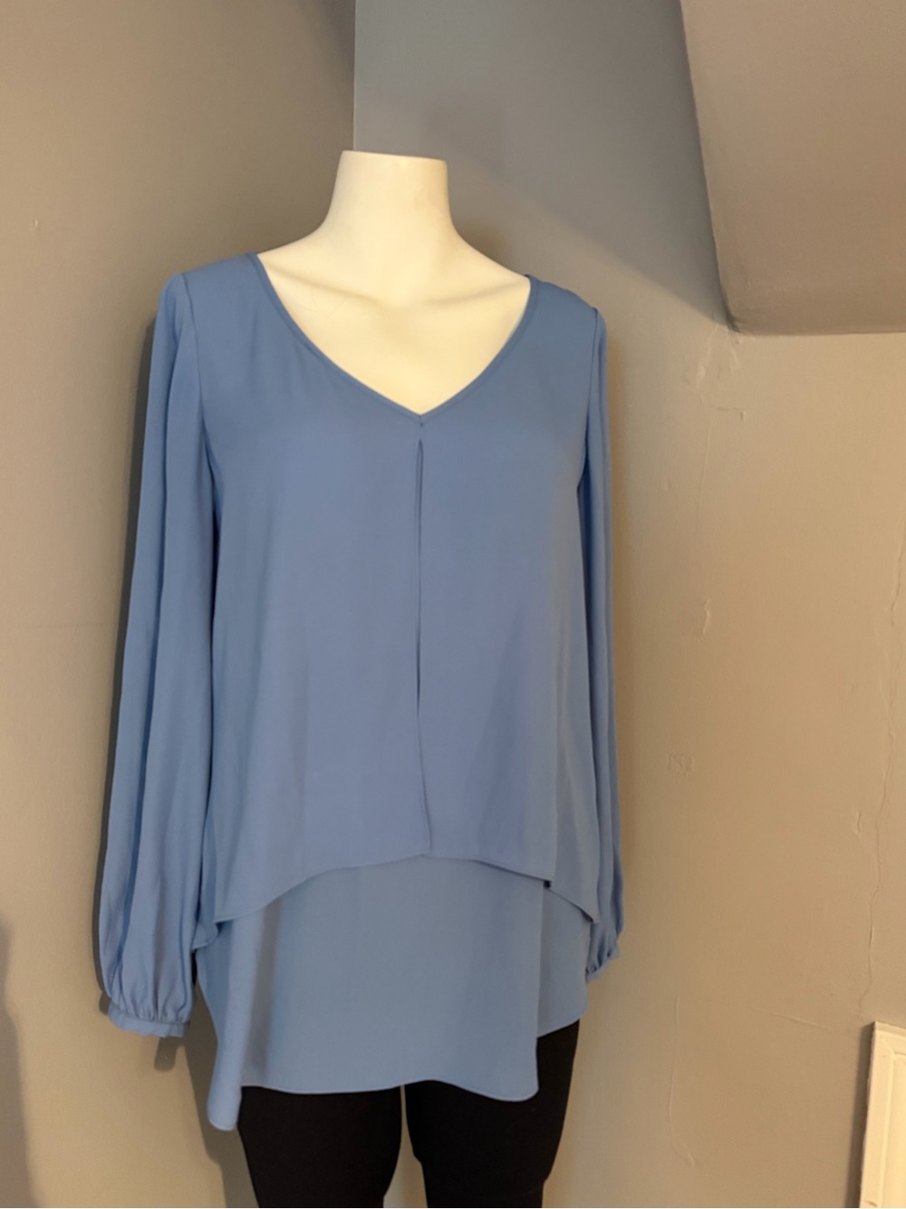White House Black Market Dusty Blue Layered V-Neck Blouse